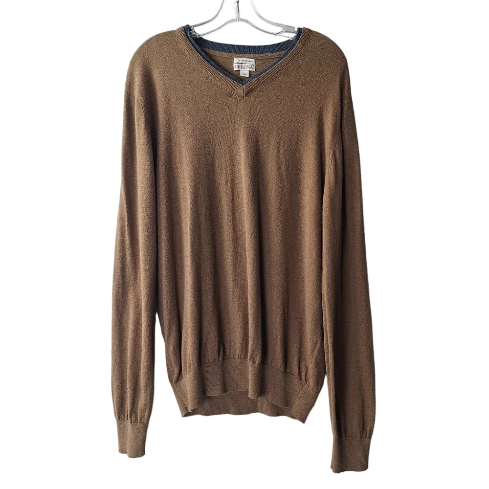 Merona Men's Large Brown‎ Cotton Cashmere V-Neck Pullover Long Sleeve Sweater